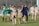 A group of female soccer players wearing navy and green uniforms are walking together on a grass field. Some players are carrying cleats, and one has a knee brace. The goalpost and trees are visible in the background.
