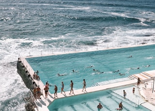 people swimming on pool near sea