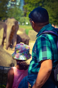 A man and a child are observing elephants in a zoo setting. The man is wearing a checked shirt and a cap, while the child is wearing a colorful floral hat. The environment is green and sunny, with the elephants in the background.