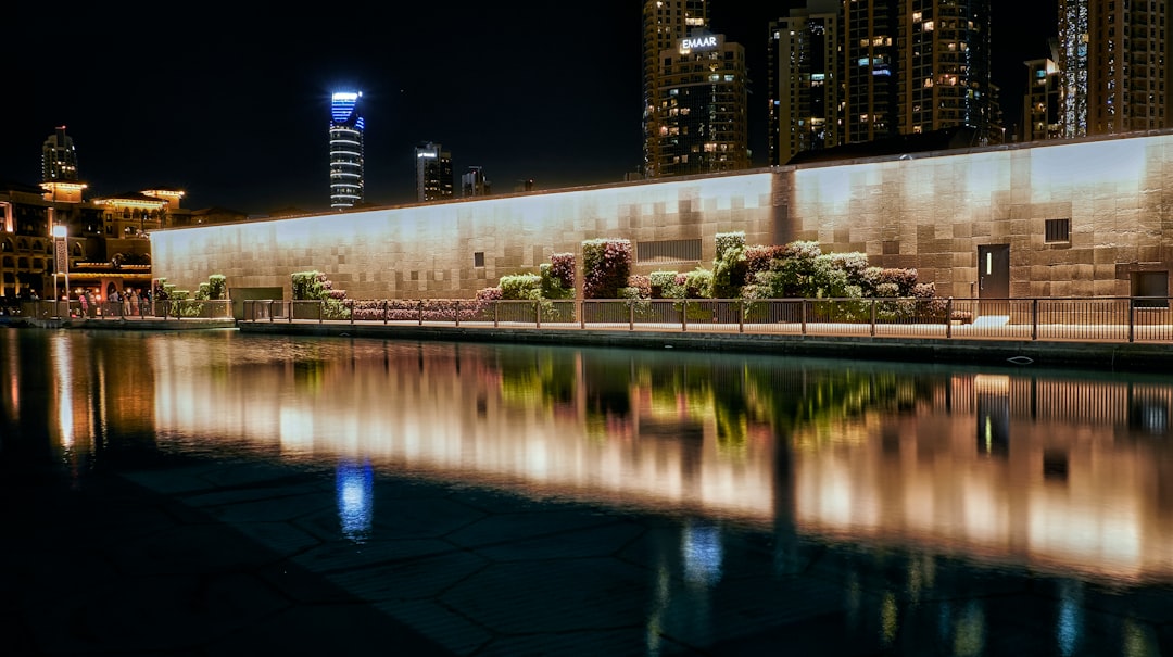 water mirror reflection of buildings at night