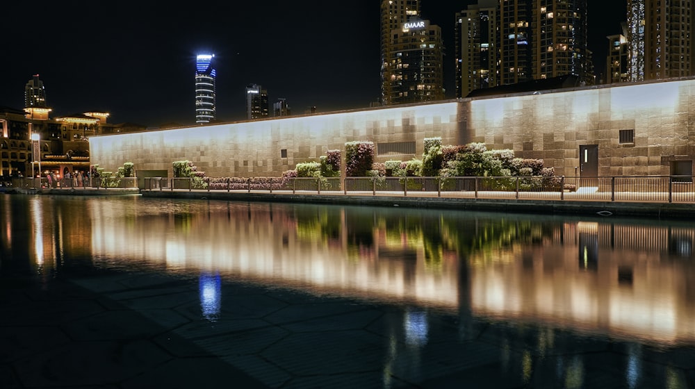 water mirror reflection of buildings at night