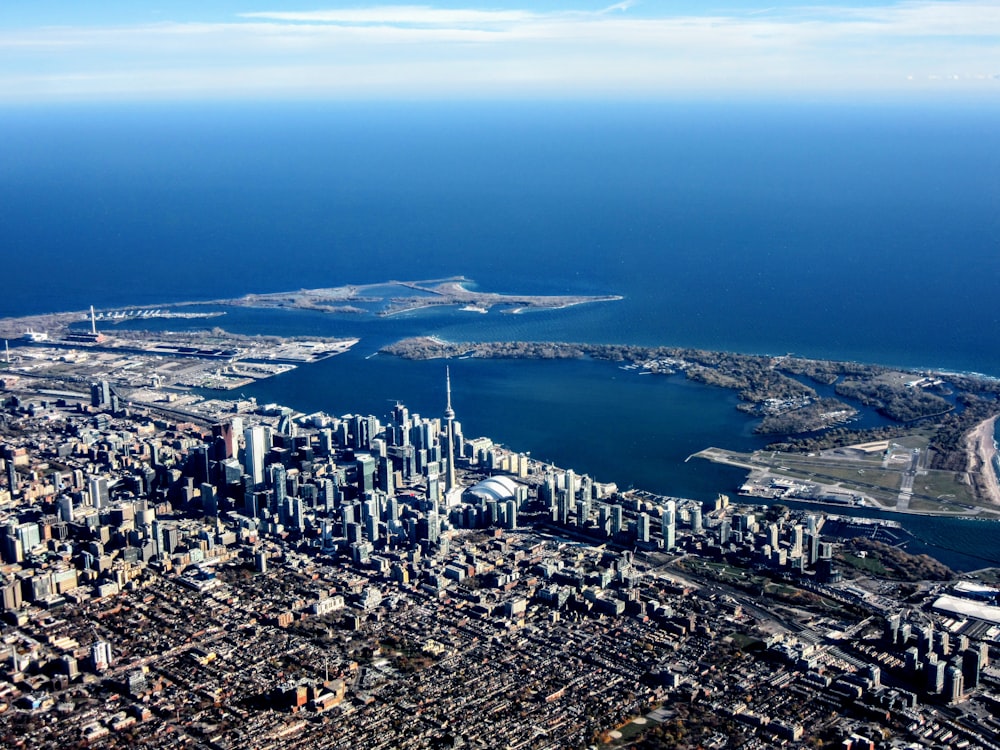 Aerial view of city near sea