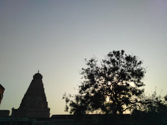 A serene morning scene of the ISKCON temple with soft sunlight filtering through trees.