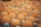 A large number of brown eggs are neatly arranged in blue egg trays. The eggs have a consistent size and color, with some red markings on their shells. The arrangement creates a repetitive pattern that extends into the background.
