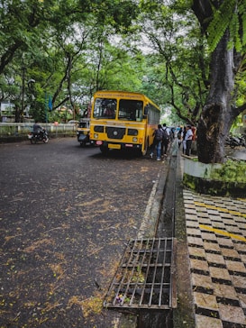 A yellow bus is parked on a road lined with large, lush green trees. People are standing near the bus, some appearing to board or disembark. The road is wet, suggesting recent rain, and a motorcycle is visible in motion on the left side. The scene is framed by a mix of pavement and checkered tiles on the right.