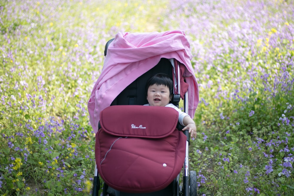 a small child in a stroller in a field of flowers