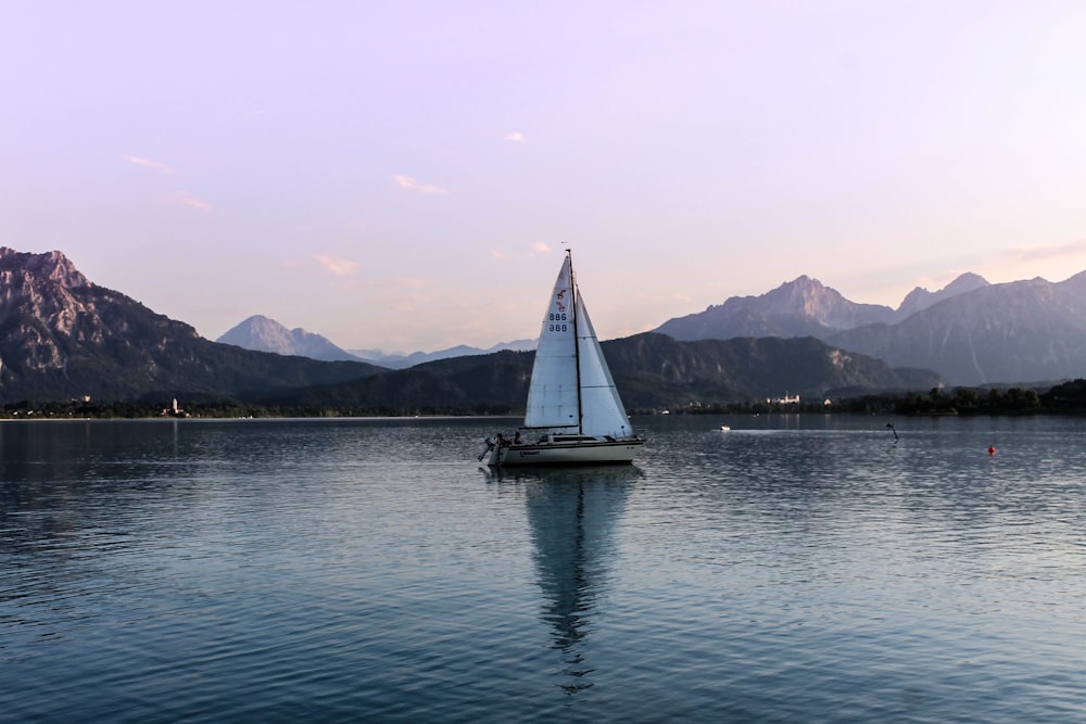 white and black sailing boat on body of water viewing mountain