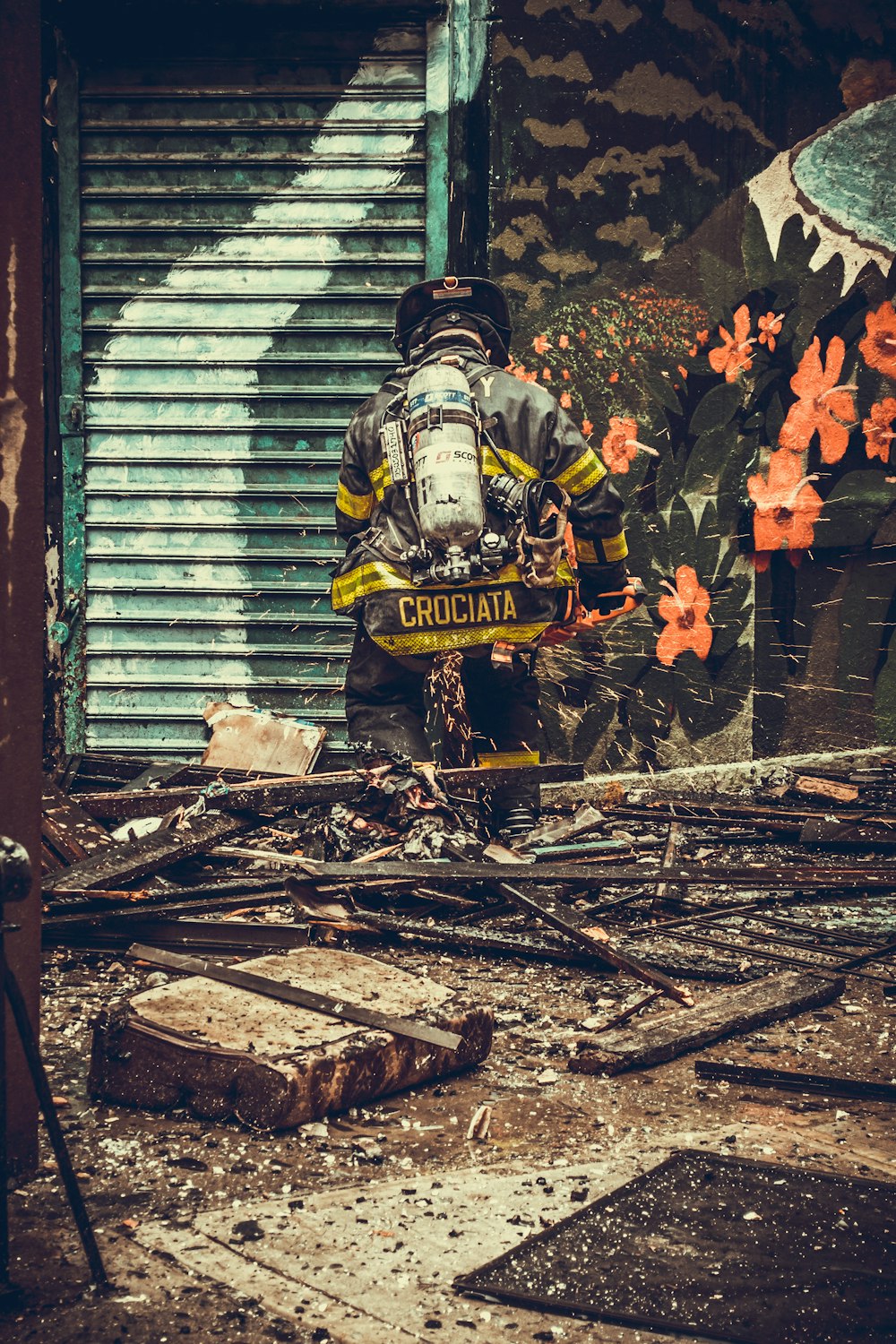 fireman standing in front of shutter door