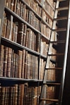 A dusty bookshelf filled with philosophical texts and art books.