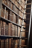 wooden ladder by bookshelves