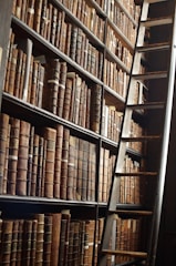 wooden ladder by bookshelves