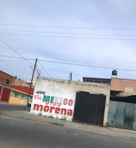 A mural on a concrete wall displays colorful text reading 'Viva Mexico Viva Morena' in bold green and red letters. The wall is situated along a street, with surrounding buildings made of brick and concrete. Power lines stretch across the sky above the structures.