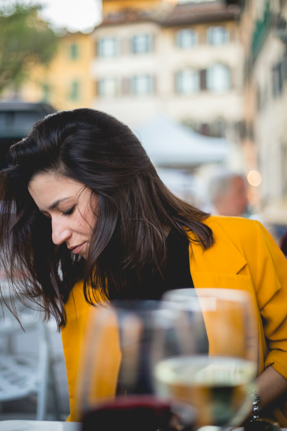 woman facing down