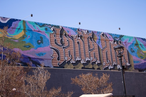 A vibrant mural covers a wall, featuring large, stylized text that appears to be an intricate combination of colors and patterns. The background includes abstract designs in shades of blue, pink, green, and yellow. The foreground shows some leafless trees and a streetlamp.