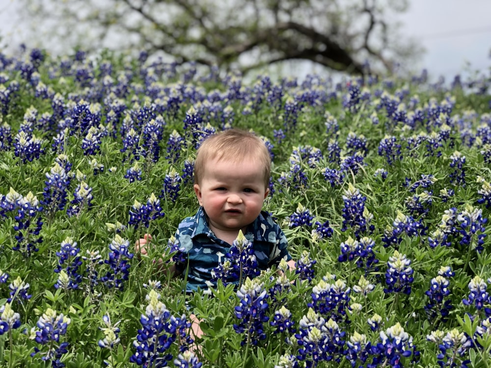 baby sitting on flower field