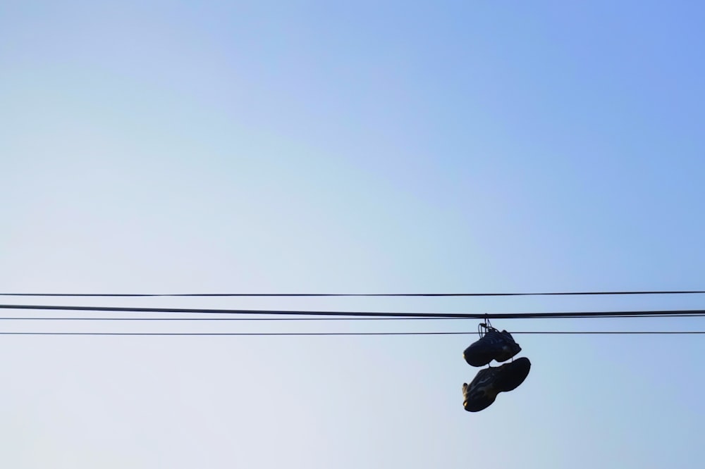 silhouette of pair of shoes hanging on wire
