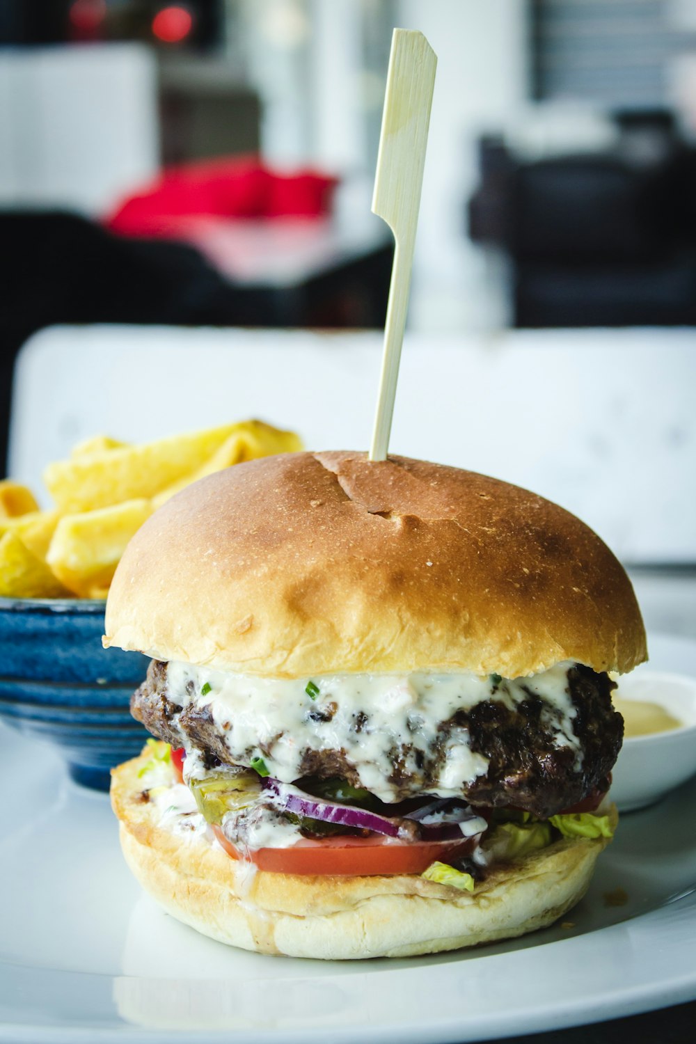 burger with tomato, onion, and patty