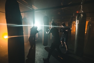 In a dimly lit gym, two people are engaged in boxing practice with punching bags. The area is illuminated by bright artificial lights, creating dramatic contrasts between shadows and light. The atmosphere appears intense and focused, with the individuals fully immersed in their workout.