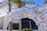 A large cruise ship is docked near a decorated entrance arch, covered with numerous colorful stickers and decals, with palm trees nearby. The arch features playful and vibrant colors, creating a festive and lively atmosphere.
