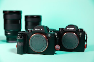 A sleek mirrorless camera displayed with a variety of lenses arranged neatly beside it.