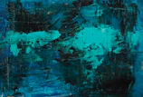 Close-up of a richly textured abstract canvas with deep teal and gold accents.