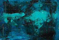Detail of a textured contemporary painting with bold turquoise accents.
