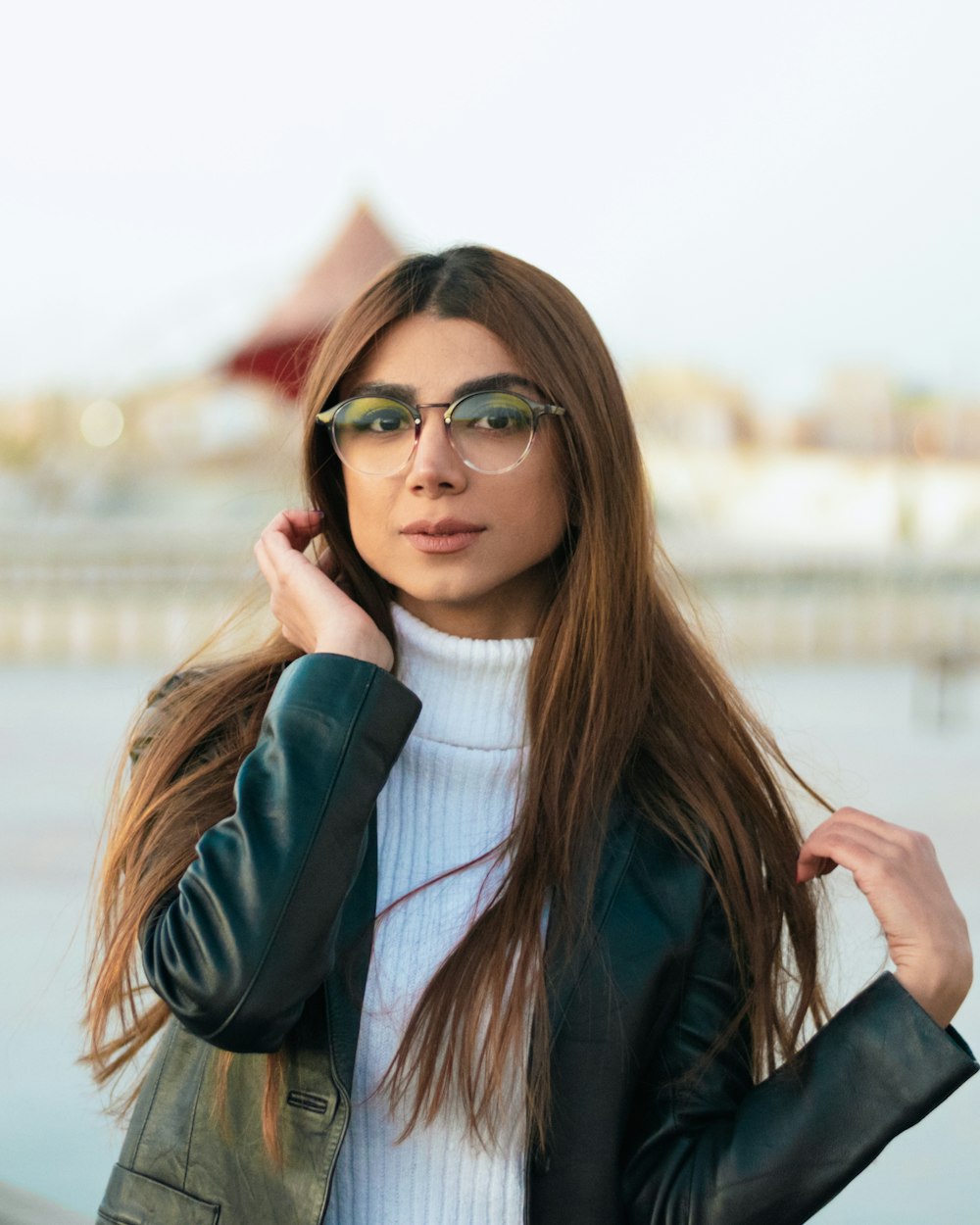 woman wearing black leather jacket