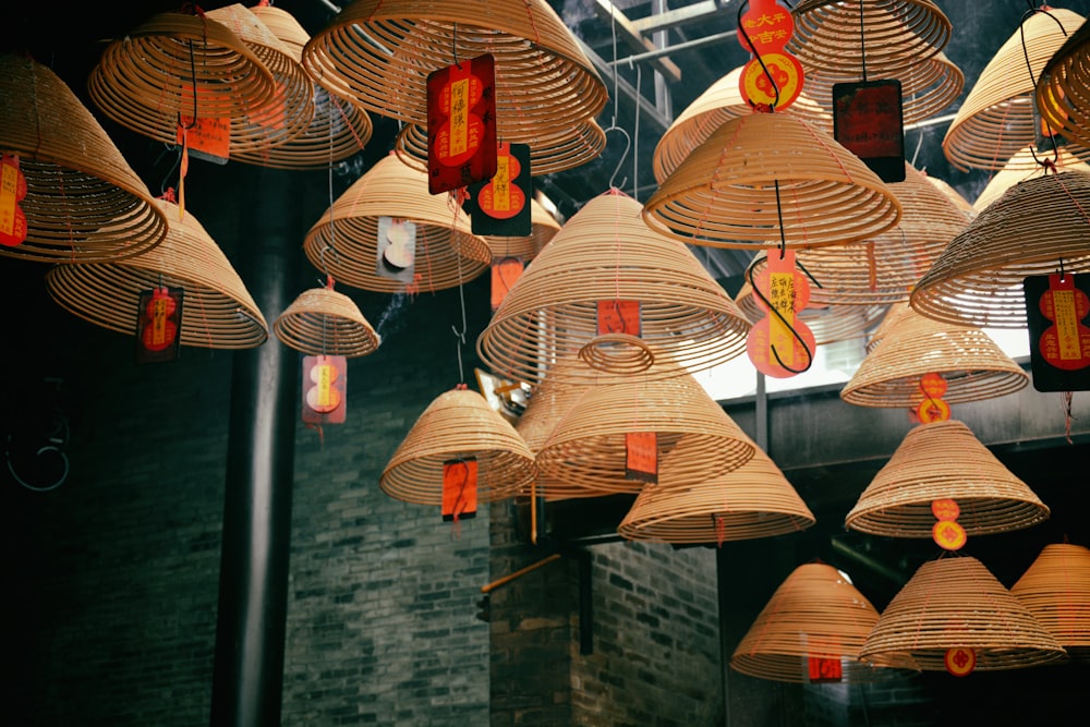 round pendant lamps hanging from the ceiling