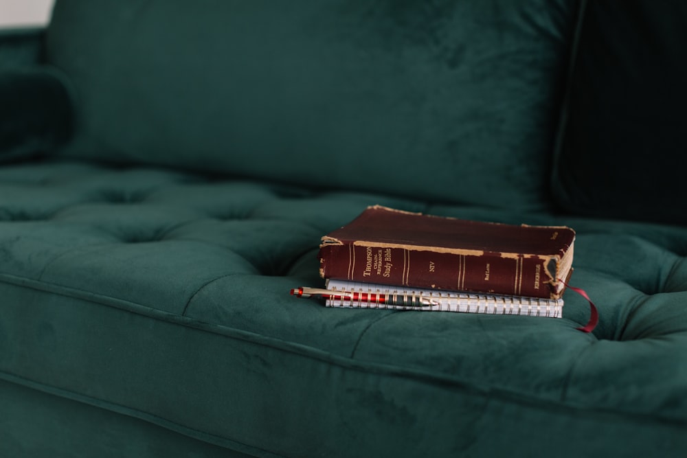 緑の房状のスエードソファに茶色の本