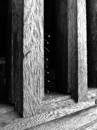 A black and white image featuring wooden slats arranged vertically. The texture of the wood grain is prominently visible, adding a rustic feel. Delicate spider webs with tiny droplets can be seen stretching between the slats.