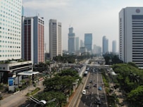 vehicles on roadway between high rise buildings