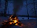 Campfire glowing warmly in a dense Finnish forest under a starry sky.