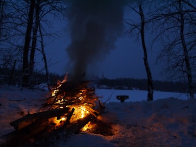 A bright, glowing campfire is surrounded by snow and dimly lit trees in a forest setting. Thick, grey smoke rises into the dark blue sky, contrasting with the warm flames. Snow covers the ground, and bare trees stand against the backdrop of a frozen lake.