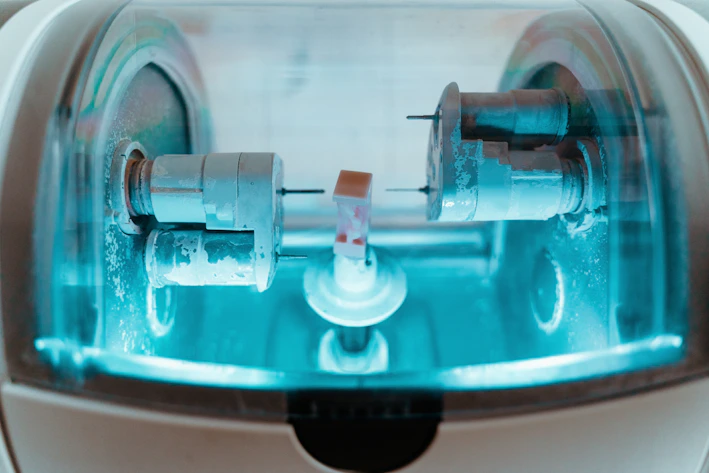 Close-up of a high-speed dental handpiece gleaming under bright light