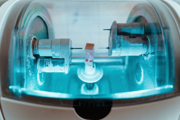 A close-up view of a precision milling machine inside a transparent chamber, likely used for crafting dental prosthetics or intricate mechanical components. The metallic parts are illuminated by a soft blue light, highlighting the machinery&rsquo;s details and industrial purpose.