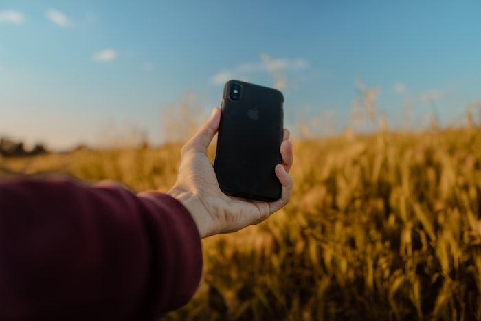 Farmer checking his phone in a green field