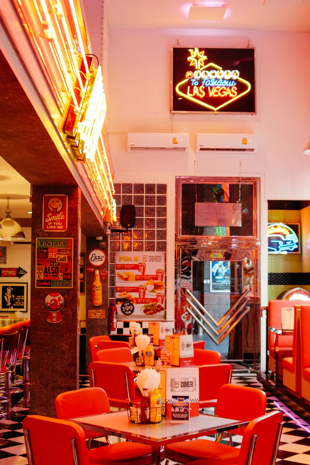 interior of restaurant with tables and chairs