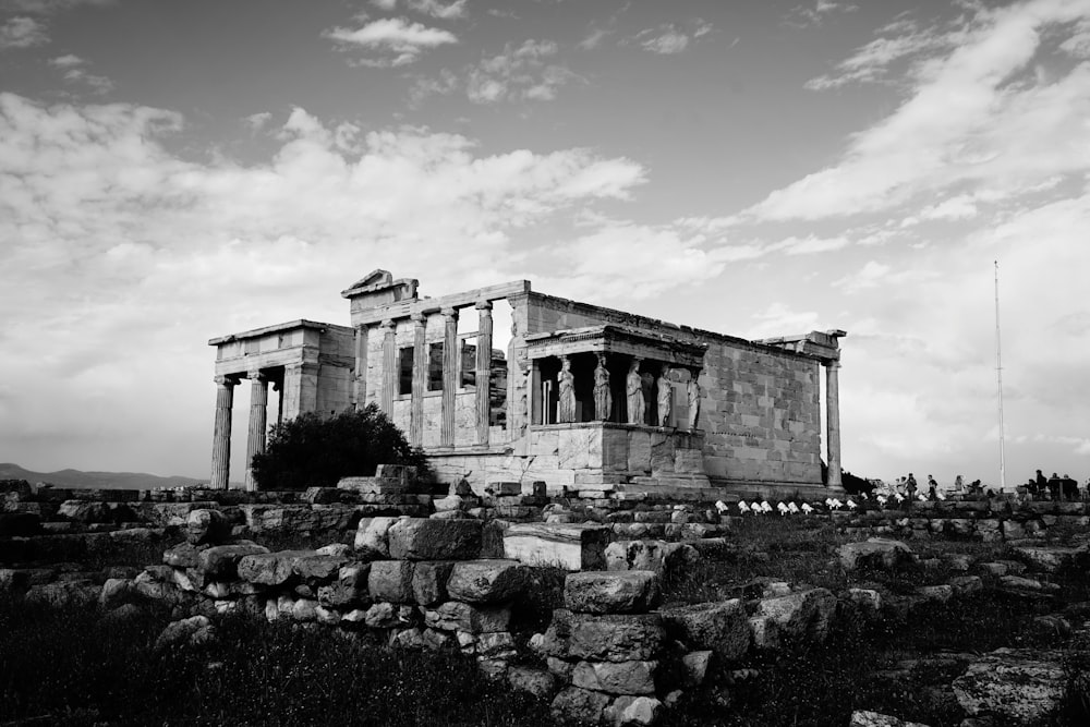 greyscale photo of ruins