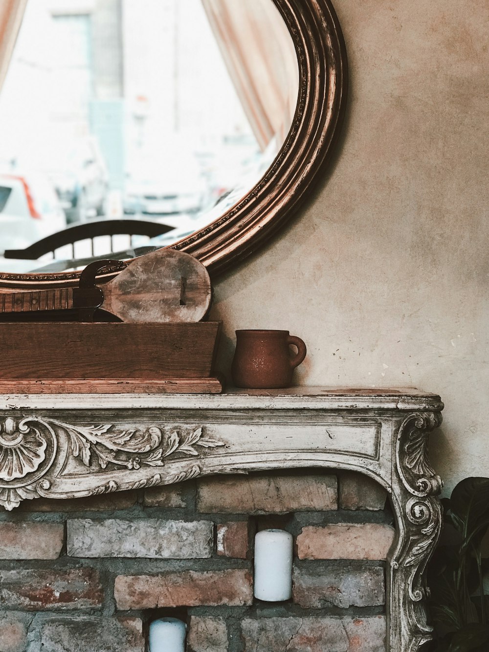 close-up photo of brown framed mirror