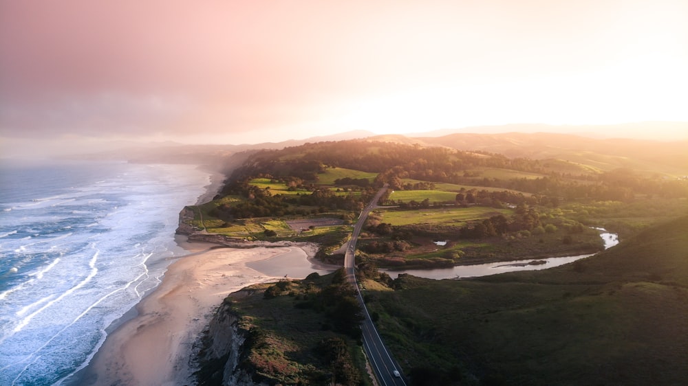 aerial photography of green field beside beach