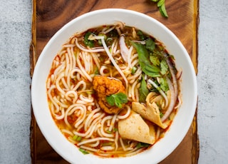 noddle dish on white ceramic bowl