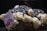 A cluster of minerals is displayed, featuring large crystalline structures. The prominent mineral is a purple cubic crystal, likely a fluorite, surrounded by a mix of dark black, metallic-looking rocks and white, chalky formations.