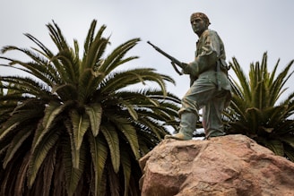 A bronze statue of a soldier holding a rifle stands atop a rocky base, surrounded by tall palm trees. The soldier appears resolute, with one foot forward as if in mid-stride, creating a sense of movement and determination.
