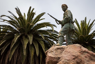 A bronze statue of a soldier holding a rifle stands atop a rocky base, surrounded by tall palm trees. The soldier appears resolute, with one foot forward as if in mid-stride, creating a sense of movement and determination.
