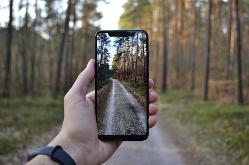 Smartphone screen displaying a clear bio-signature being captured via ultra-wideband in a forest setting, contrasting a messy GPS signal with a clean, certified one.