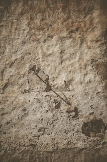 A textured and weathered stone or concrete wall with visible cracks, discolorations, and areas of erosion. The surface is uneven with both lighter and darker patches, likely indicating age and wear. There is a shadow of an object, possibly an exterior fixture, casting diagonally across the surface.