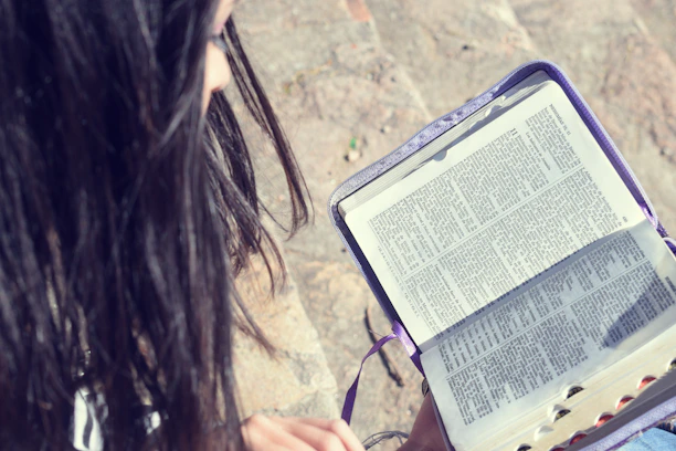 A person with long dark hair focuses on reading a book with detailed text. The book has a colorful cover, and the scene is set outdoors on a sandy or stony surface.