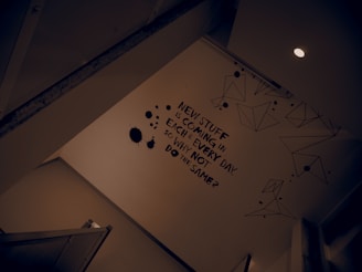 A wall is adorned with a motivational statement in bold black text. There are geometric line drawings and black ink splatter designs around the text. The scene is lit by a ceiling light, creating a modern and somewhat introspective atmosphere.