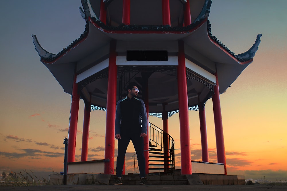 silhouette photo of man standing beside temple