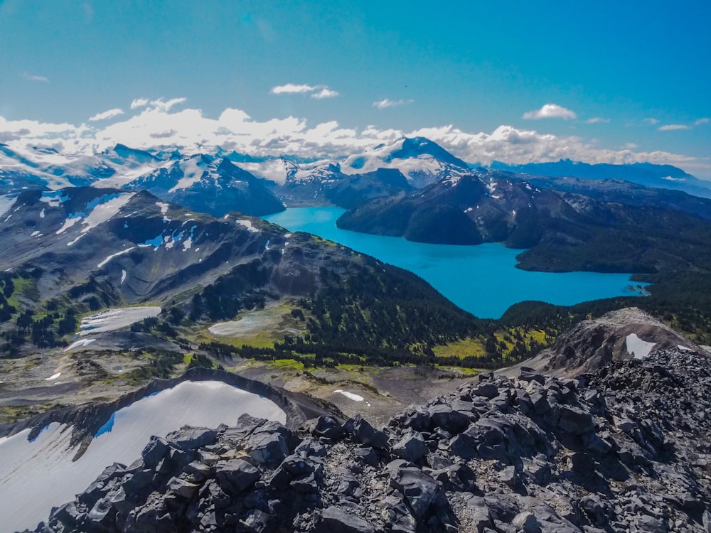 blue body of water between mountain during daytime